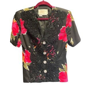 Vtg 90s Ricki Freeman TJ Nites Black Floral Beaded Blazer Big Button 4